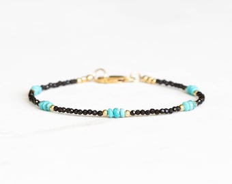 Dainty Black Spinel Bracelet with Genuine Turquoise, Natural Gemstone Jewelry