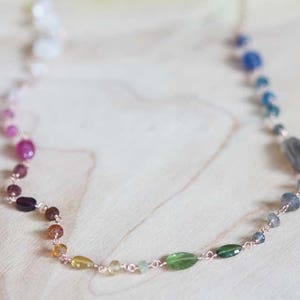 Multi Gemstone Wire Wrapped Necklace, Rainbow Ombre Gemstones, Sterling Silver or Rose Gold Filled, Tourmaline Labradorite Moonstone Kyanite image 2