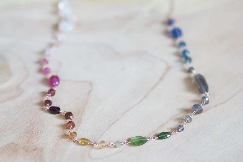 Multi Gemstone Wire Wrapped Necklace, Rainbow Ombre Gemstones, Sterling Silver or Rose Gold Filled, Tourmaline Labradorite Moonstone Kyanite image 2