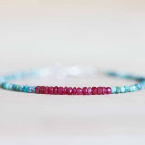 Dainty Turquoise & Ruby Bracelet, Delicate Beaded Multi Gemstone Jewelry, December July Genuine Birthstone image 1