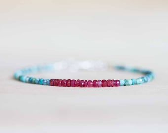 Dainty Turquoise & Ruby Bracelet, Delicate Beaded Multi Gemstone Jewelry, December July Genuine Birthstone