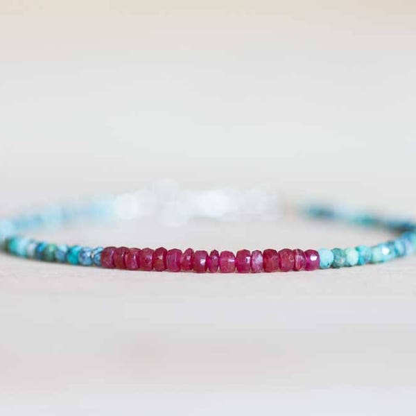 Dainty Turquoise & Ruby Bracelet, Delicate Beaded Multi Gemstone Jewelry, December July Genuine Birthstone