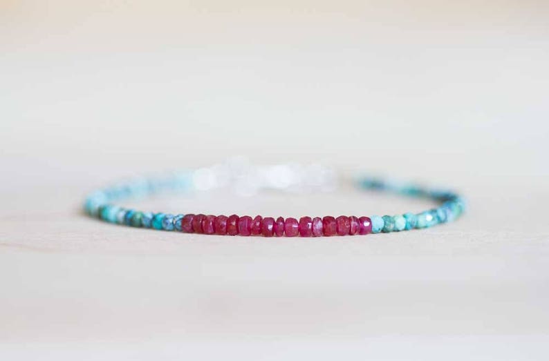 Dainty Turquoise & Ruby Bracelet, Delicate Beaded Multi Gemstone Jewelry, December July Genuine Birthstone image 1