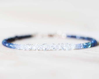 Shaded Blue Sapphire Bracelet with Herkimer Diamonds, Beaded Blue Sapphire Jewelry, Rose Gold Filled Sterling Silver, Crystal Quartz Jewelry