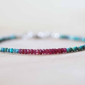 Dainty Turquoise & Ruby Bracelet, Delicate Beaded Multi Gemstone Jewelry, December July Genuine Birthstone image 3