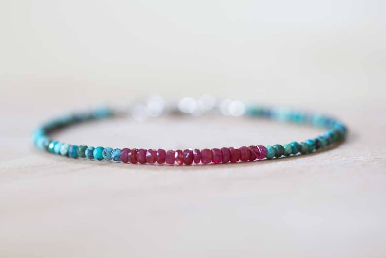 Dainty Turquoise & Ruby Bracelet, Delicate Beaded Multi Gemstone Jewelry, December July Genuine Birthstone image 3