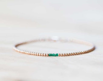 Delicate Rose Gold Filled Bracelet with Green Tourmaline, Dainty Skinny Beaded Chrome Tourmaline Jewelry, Sterling Silver