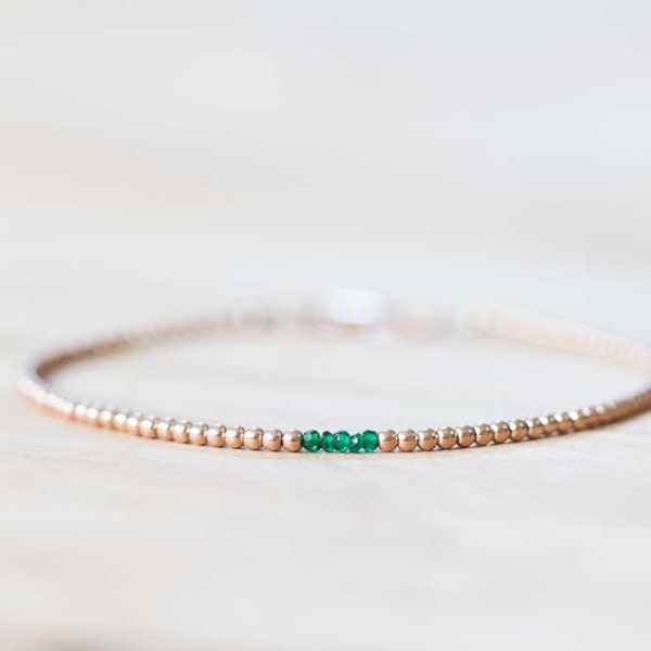 Delicate Rose Gold Filled Bracelet with Green Tourmaline, Dainty Skinny Beaded Chrome Tourmaline Jewelry, Sterling Silver