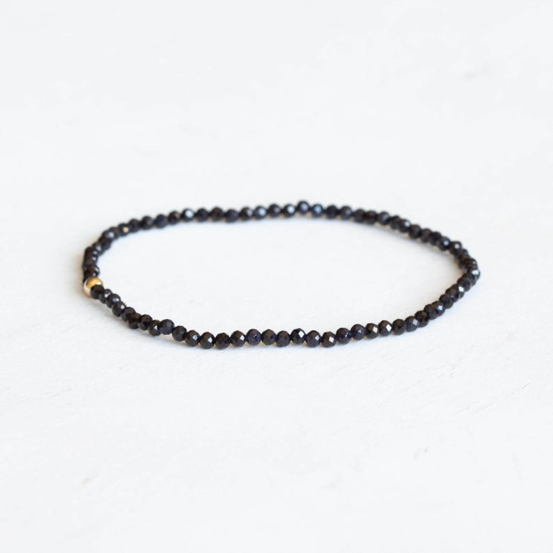 Dainty Dark Blue Sapphire Stretch Bracelet, Faceted Tiny Beaded Gemstone Jewelry, September Birthstone image 1