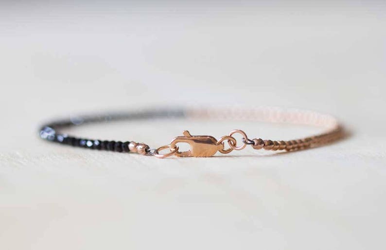 Black Spinel Bracelet, Sterling Silver or Rose Gold Filled, Delicate Black Gemstone Skinny Stacking Bracelet, Tiny Faceted Beads Jewelry image 5