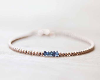 Ultra Dainty Rose Gold Fill Beaded Bracelet with Sapphire, Skinny Beaded Stacking Bracelet, Pink Gold Fill Jewelry