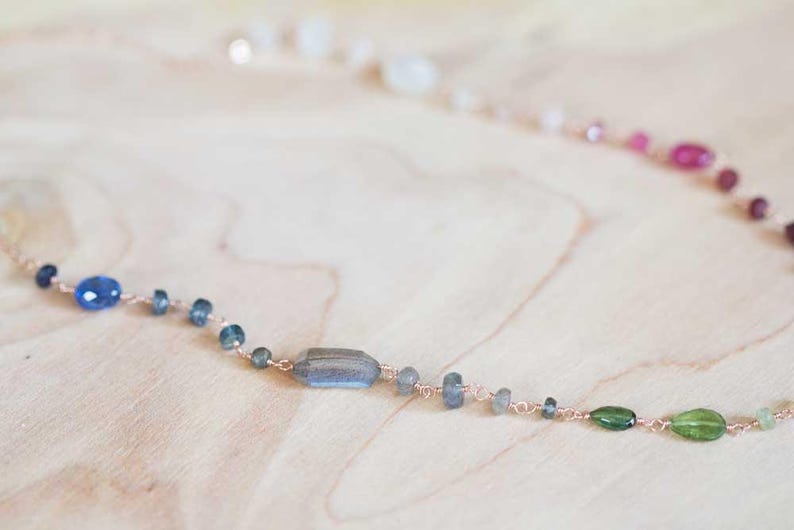 Multi Gemstone Wire Wrapped Necklace, Rainbow Ombre Gemstones, Sterling Silver or Rose Gold Filled, Tourmaline Labradorite Moonstone Kyanite image 6