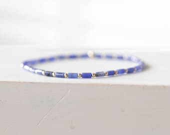 Sodalite Tube Bead Stretch Bracelet: Genuine Blue Crystal Jewelry