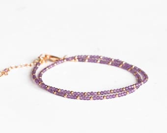 Dainty Amethyst Beaded Necklace, Multi Wrap Bracelet