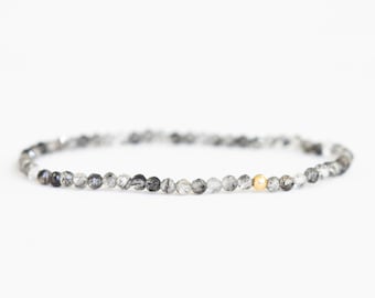 Black Rutilated Quartz Stretch Bracelet, Dainty Beaded Gemstone Jewelry