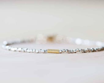 Delicate Fine Silver Bracelet with Gold Fill Tube, Skinny Sterling Silver Stacking Bracelet, Minimal Mixed Metal Jewelry, Everyday