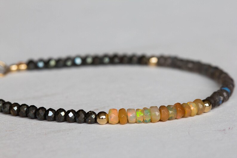 Opal, Pyrite & Labradorite Bracelet, Delicate Gemstone Beaded Bracelet, Labradorite Jewelry, Beaded Pyrite Bracelet, Multi Gemstone Stacking image 5