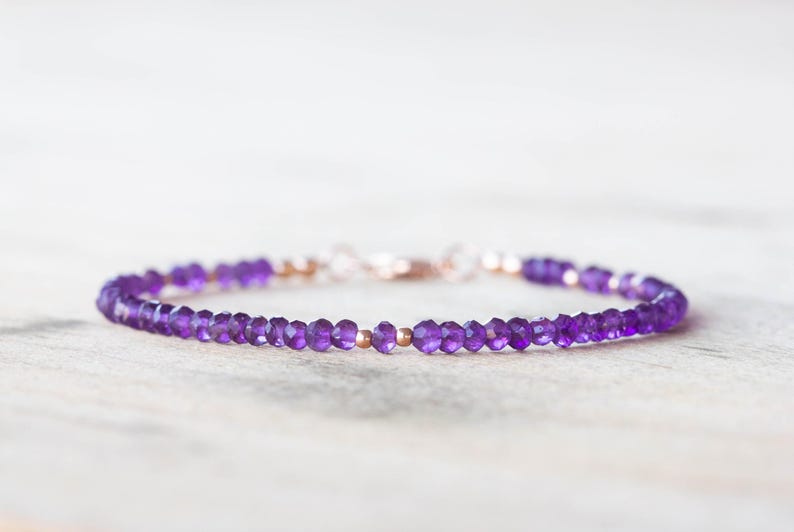 Amethyst Bracelet, Beaded February Birthstone Jewelry, Delicate Purple Gemstones, Sterling Silver or Rose Gold Filled image 1