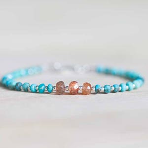 Doornroosje turkoois armband met zonnesteen, delicate kralen echte multi-edelsteen sieraden, sterlingzilver roségoud gevuld
