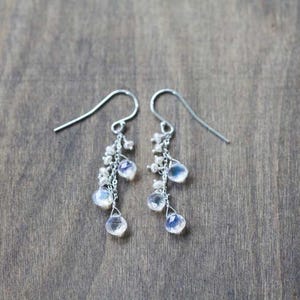 Rainbow Moonstone & Pearl Earrings: Dainty Dangle Earrings with Sterling Silver, Yellow or Rose Gold Filled