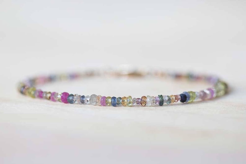 Multi Color Sapphire Bracelet, Rose Gold Fill or Sterling Silver, Delicate Beaded September Birthstone Jewelry image 2