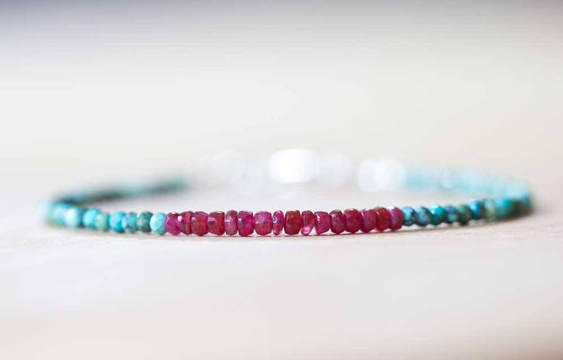 Dainty Turquoise & Ruby Bracelet, Delicate Beaded Multi Gemstone Jewelry, December July Genuine Birthstone image 2