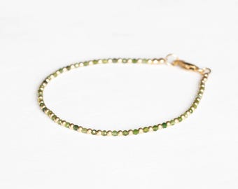 Green Tourmaline Bracelet with Rose Gold Fill or Sterling Silver, Ultra Dainty Beaded October Birthstone Jewelry