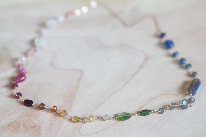 Multi Gemstone Wire Wrapped Necklace, Rainbow Ombre Gemstones, Sterling Silver or Rose Gold Filled, Tourmaline Labradorite Moonstone Kyanite image 5