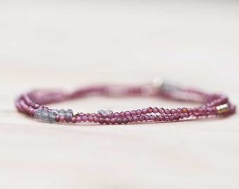 Delicate Garnet Stretch Wrap Bracelet, Rhodolite Garnet Necklace, Boho Chic Multi Wrap Bracelet, Rose Gold Filled or Sterling Silver