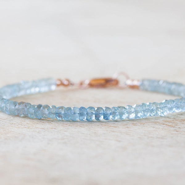 Aquamarine Bracelet with Sterling Silver or Rose Gold Filled, Beaded March Birthstone Jewelry, Genuine Gemstones