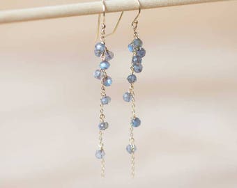 Labradorite Cluster Dangle Earrings, Labradorite Jewelry, Delicate Sterling Silver or Rose Gold Filled Earrings
