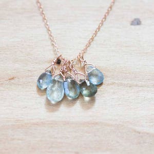 Moss Aquamarine Necklace, Cluster Pendant on Rose Gold Fill or Sterling Silver Chain, Delicate March Birthstone Necklace, Aquamarine Jewelry