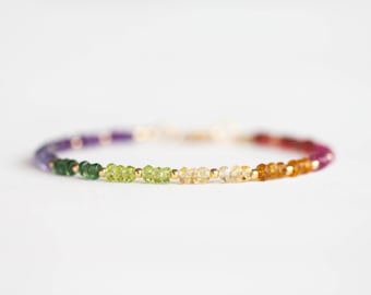 Dainty Rainbow Gemstone Bracelet with Garnet, Tourmaline, Citrine, Apatite & Amethyst, Sterling Silver Rose Gold Fill