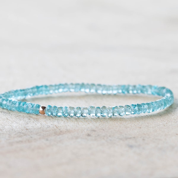Aqua Apatite Stretch Bracelet, Dainty Blue Beaded Gemstone Elastic Stacking Jewelry