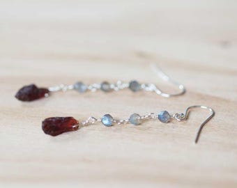 Labradorite & Rough Garnet Earrings, Multi Gemstone Dangle Earrings, Sterling Silver or Rose Gold Filled, Wire Wrapped Raw Garnet Earrings