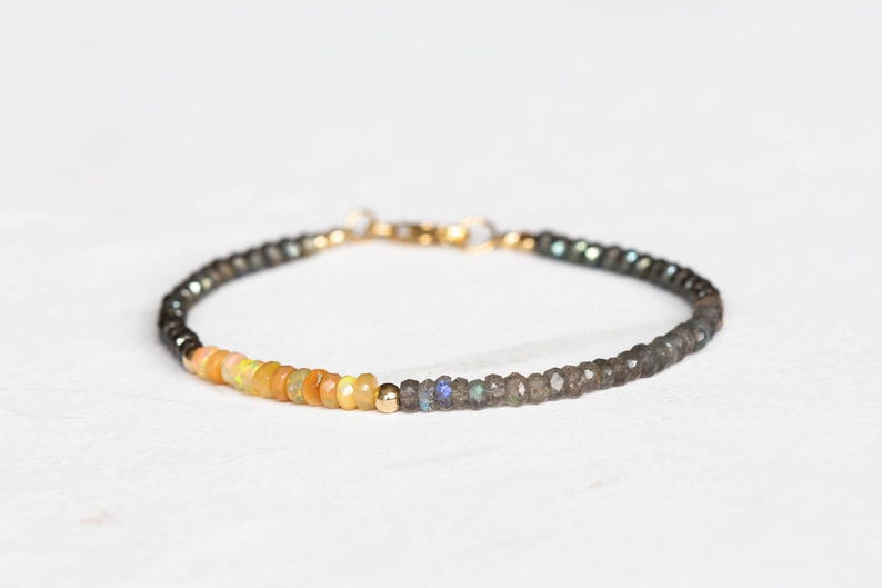 Opal, Pyrite & Labradorite Bracelet, Delicate Gemstone Beaded Bracelet, Labradorite Jewelry, Beaded Pyrite Bracelet, Multi Gemstone Stacking image 3