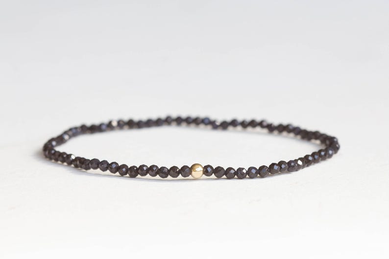 Dainty Dark Blue Sapphire Stretch Bracelet, Faceted Tiny Beaded Gemstone Jewelry, September Birthstone image 4