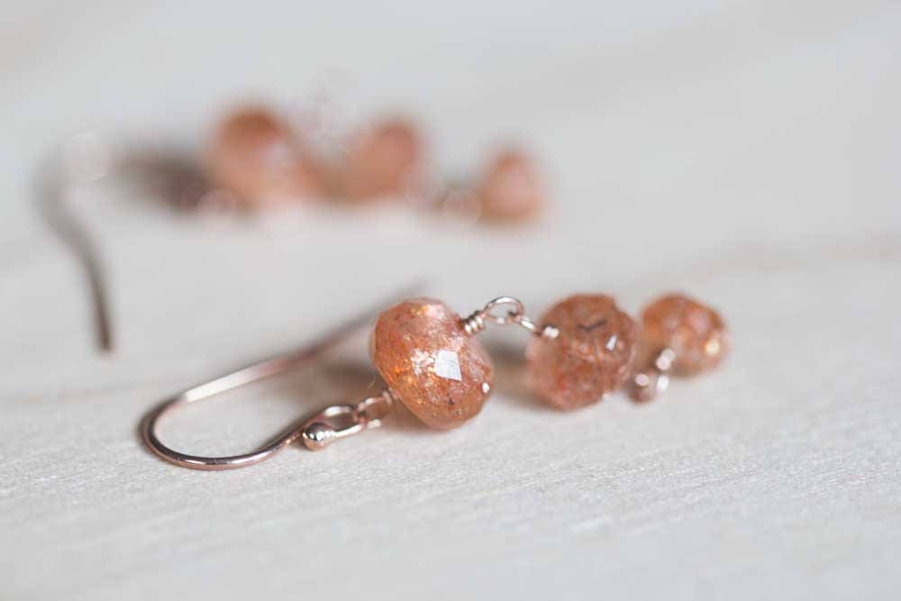 Sunstone Earrings with Rose Gold Fill or Sterling Silver, Delicate Orange Gemstone Dangle Earrings, Faceted Rondelle Sunstone Jewelry
