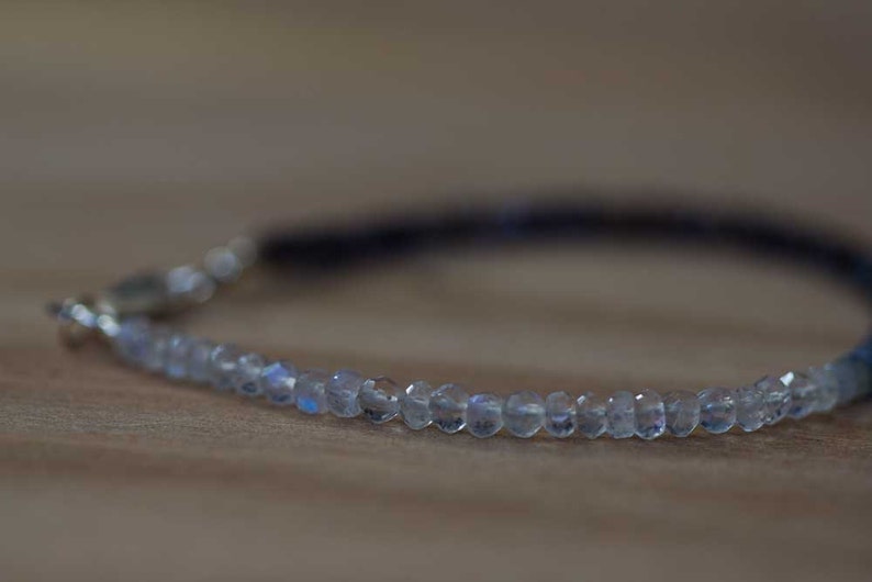 Rainbow Moonstone, Iolite & Sapphire Bracelet, Dainty Shaded Blue Sapphire Jewelry, Sterling Silver Rose Gold Fill Moonstone Bracelet image 5