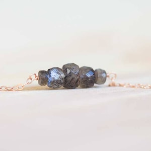 Gray Moonstone Bar Necklace on Oxidized Sterling, Sterling Silver, Yellow or Rose Gold Filled Chain, Delicate Gemstone Layering Jewelry