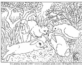 Cat bunnies animals watch egg hatch spring garden coloring pages pdf 2 images 3 page wall art print digital download printable Catinka Knoth