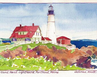 Watercolor Maine Portland Head light lighthouse printable note card Catinka Knoth digital download PDF