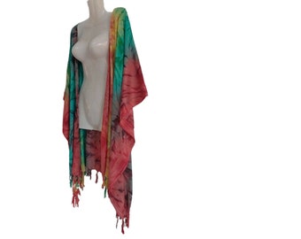 Tiedye Rainbow Open-Style Kimono Jacket batik plus sizes Kaftan Cardigan Duster Beachwear Poncho One size fits Cover up 1X 2X 3X 4X 5X & 6X