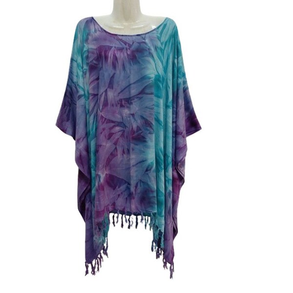 Blue Purple Tie-dye Boho Blouse Tunic Top women batik poncho summer beachwear casual wear kaftan caftan plus size  L XL 1X 2X 3X 4X 5X