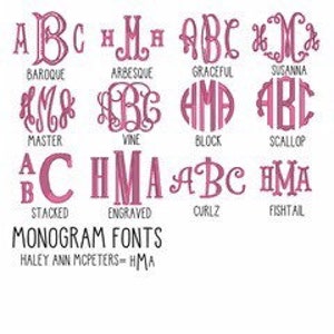 May include: A collection of pink monogram fonts, each with a unique style and name. The fonts include "Baroque," "Arbesque," "Graceful," and more. The text "MONOGRAM FONTS" and "HALEY ANN MCPETERS - HMA" are also visible.