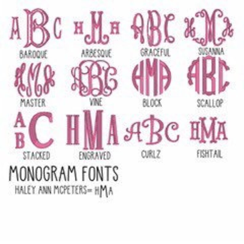 May include: A collection of pink monogram fonts, each with a unique style and name. The fonts include "Baroque," "Arbesque," "Graceful," and more. The text "MONOGRAM FONTS" and "HALEY ANN MCPETERS - HMA" are also visible.