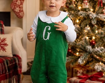 Personalized Green Corduroy Longall, Monogrammed Boy Jon Jon, Baby Boy Christmas Outfit, Embroidered Holiday Romper