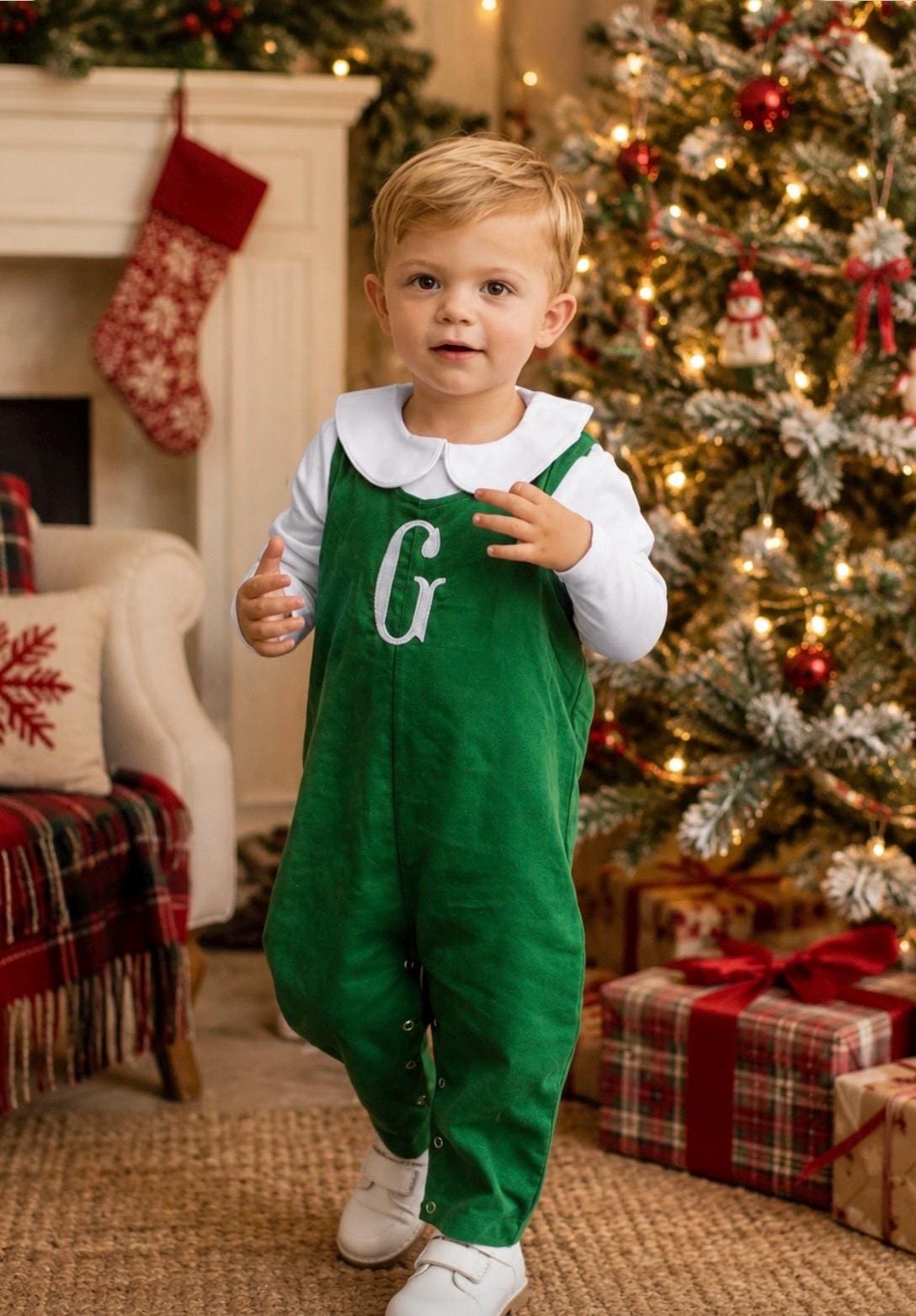 Personalized Green Corduroy Longall, Monogrammed Boy Jon Jon, Baby Boy Christmas Outfit, Embroidered Holiday Romper
