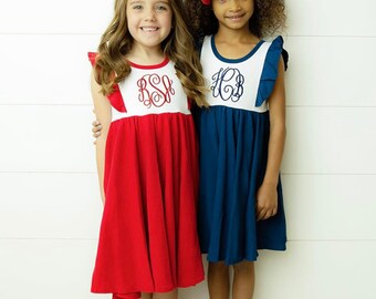 flutter sleeve twirl dress, girls monogram dress, monogram easter dress, monogram twirl dress, girls monogram sun dress, girls 4th of july