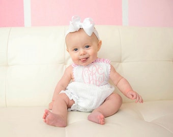 Monogrammed Seersucker Baby Romper | Cotton Summer Outfit